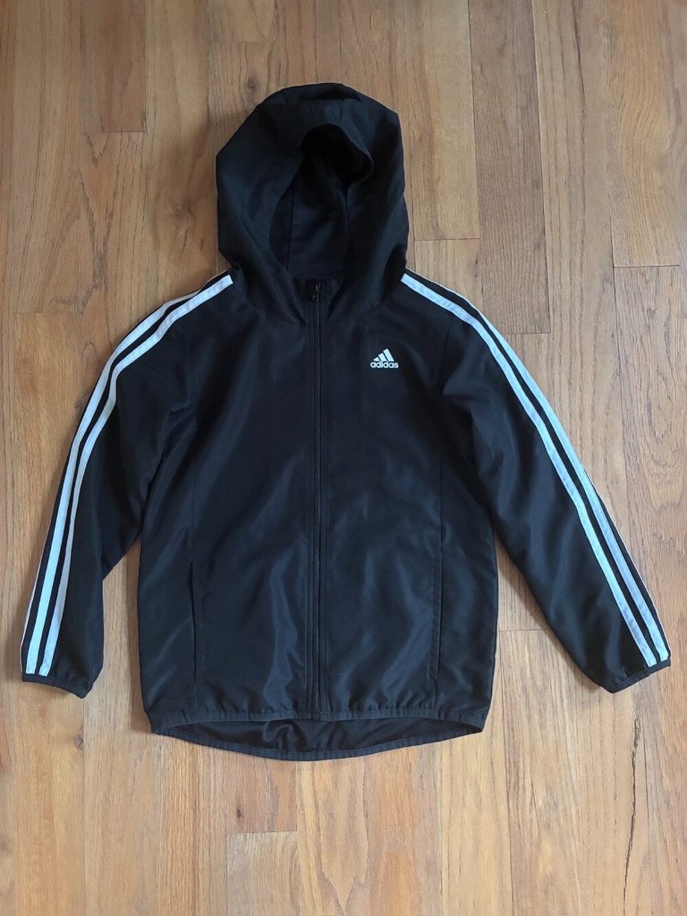 adidas Boys Black 3-Stripes Hooded Windbreaker Medium (10/12)